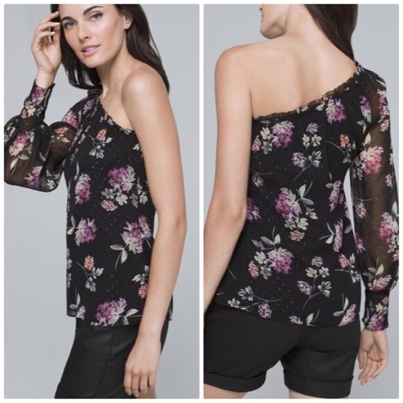 WHBM Women's Floral One-Shoulder‎ Floral Metallic Pull Over Blouse Size Small - Picture 1 of 5